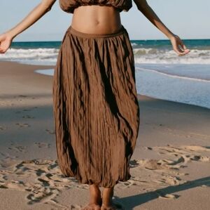 Zara Wrinkled Effect Balloon Brown Midi Skirt Sz-XL
